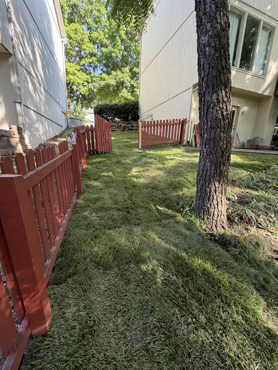 Precision lawn mowing in tight courtyard between buildings with red picket fence — Kansas City MO