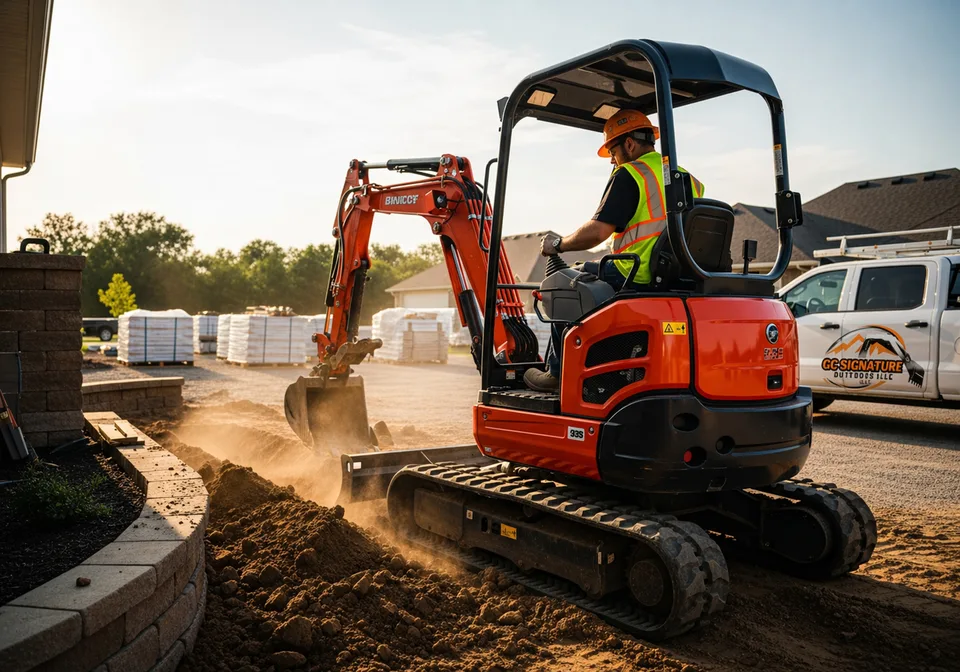 GC Signature Outdoors owner-operator running a compact excavator on a job site in the Highway 92 corridor