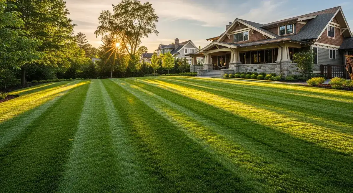 Freshly mowed lawn with crisp diagonal stripes in front of a Craftsman home along the Highway 92 corridor in northwest Missouri