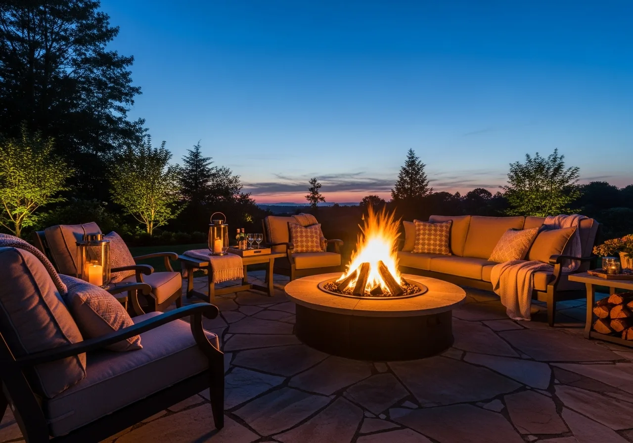Stamped concrete patio with a fire pit at dusk in a Smithville backyard