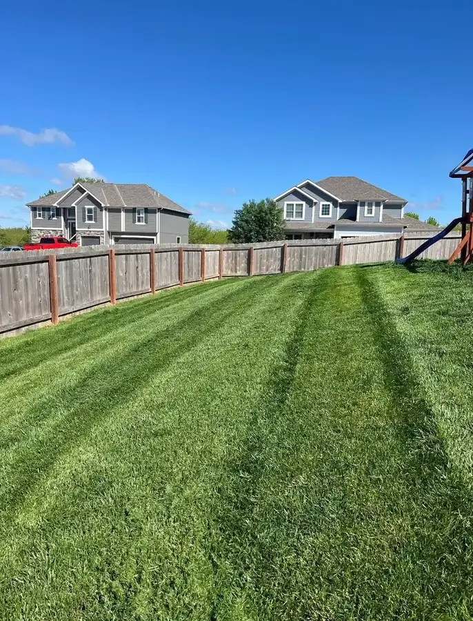 Crisp mowing stripes across large residential backyard — lawn care service in Smithville MO