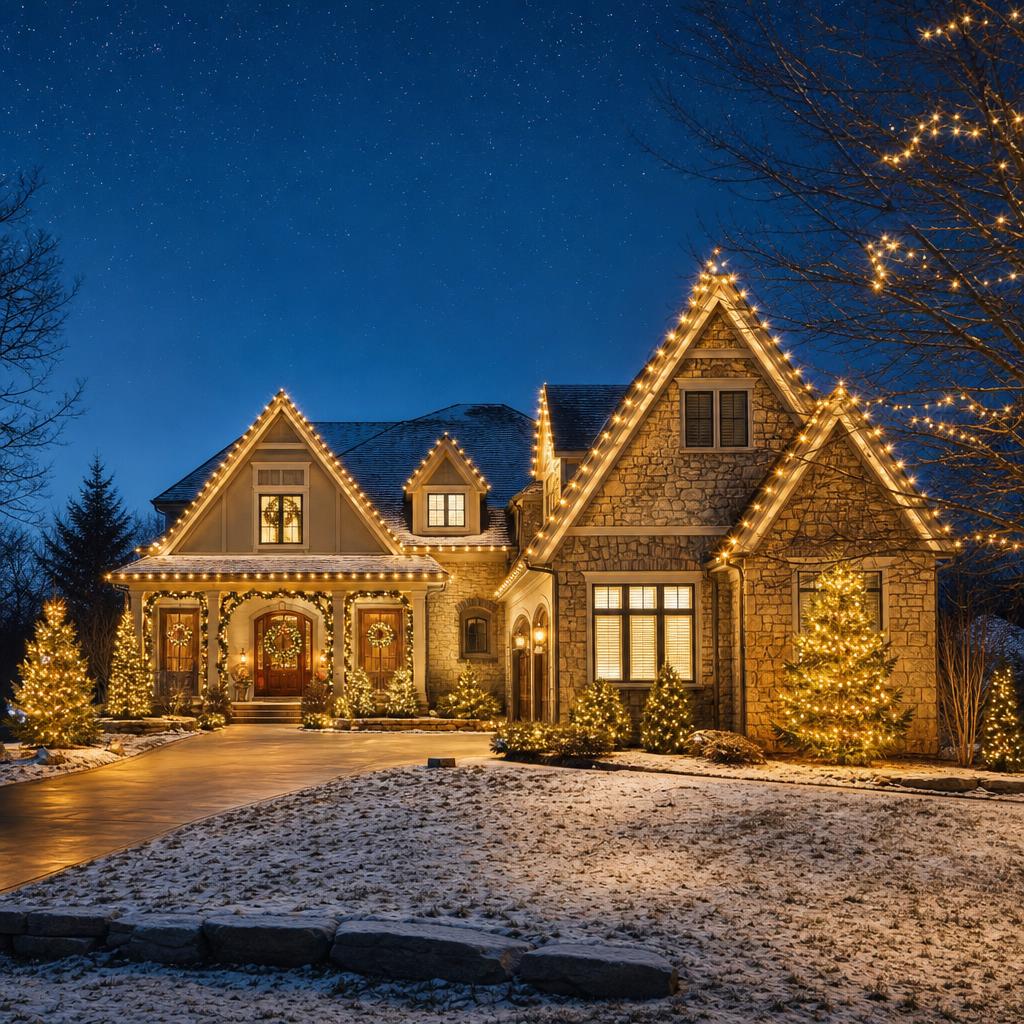 Suburban home with professional Christmas light installation on roofline and trees in the Kansas City Northland